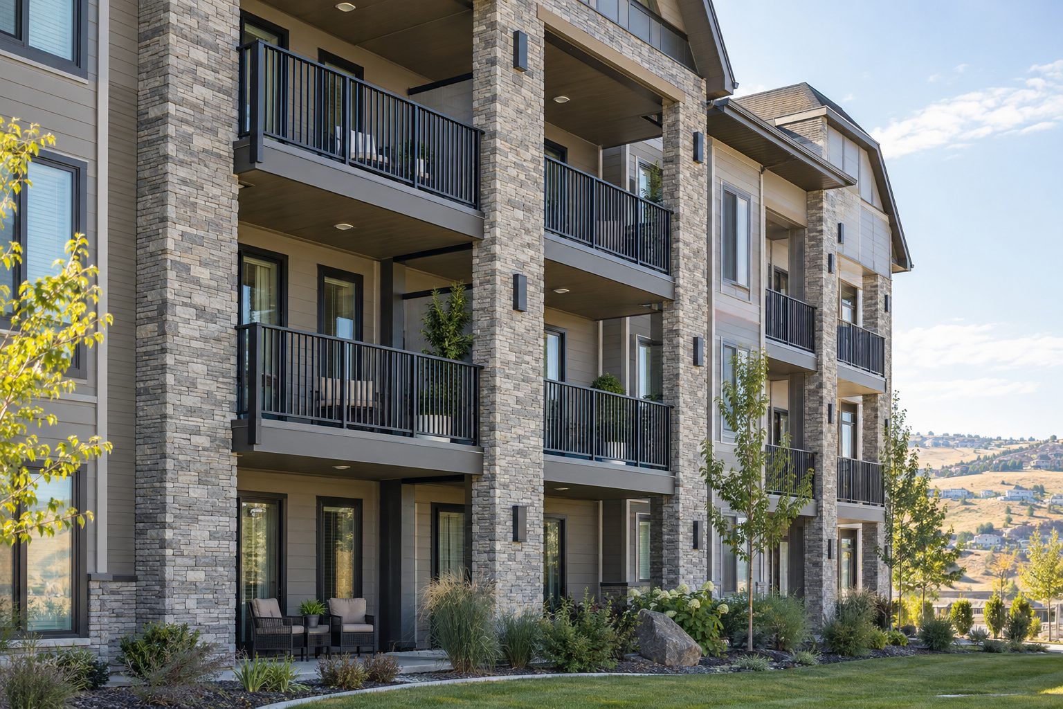Three-story multifamily building with black steel balcony railings between stone columns