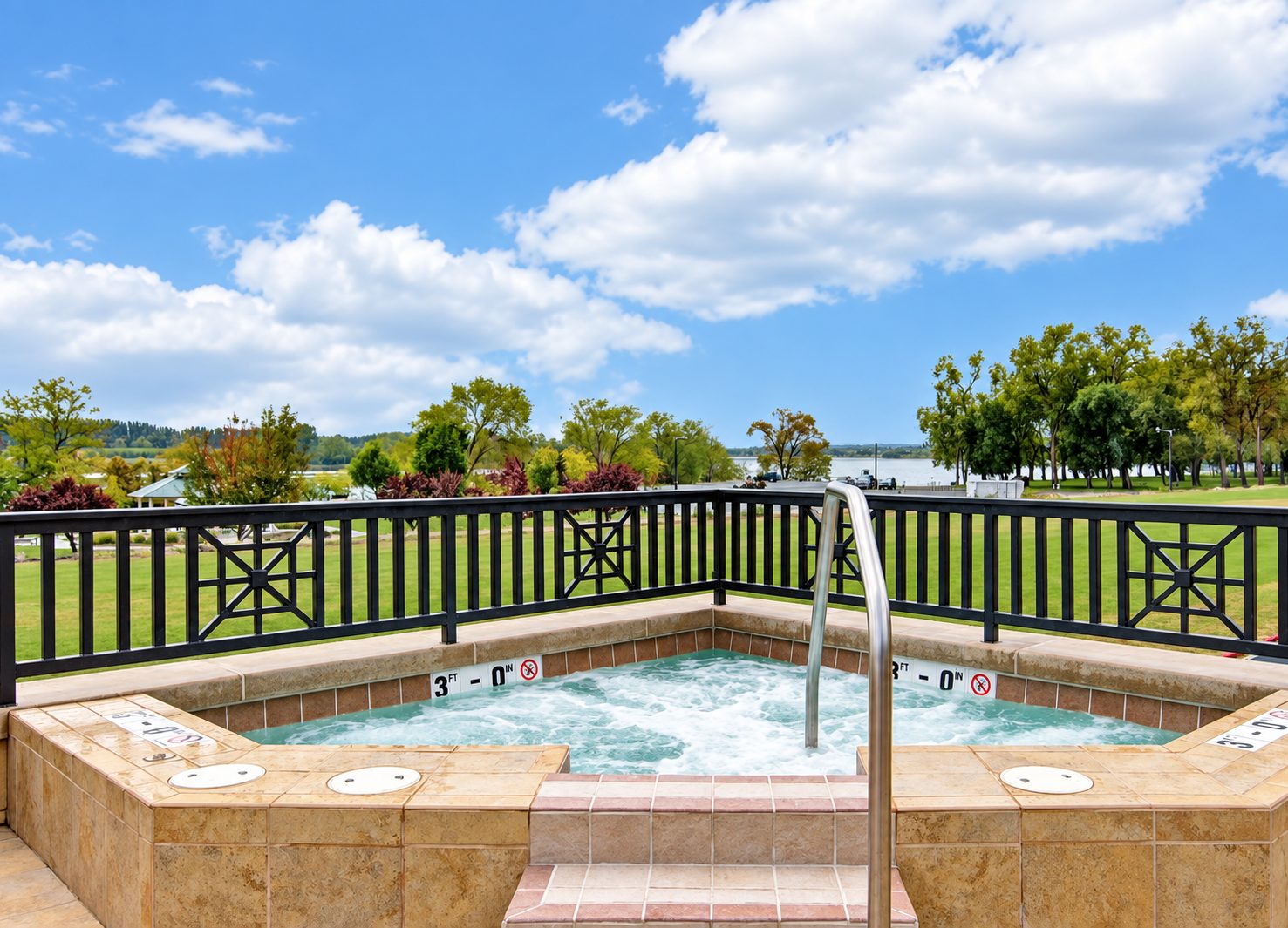 Black steel guardrail with X-pattern decorative panels surrounding a pool deck spa overlooking a river