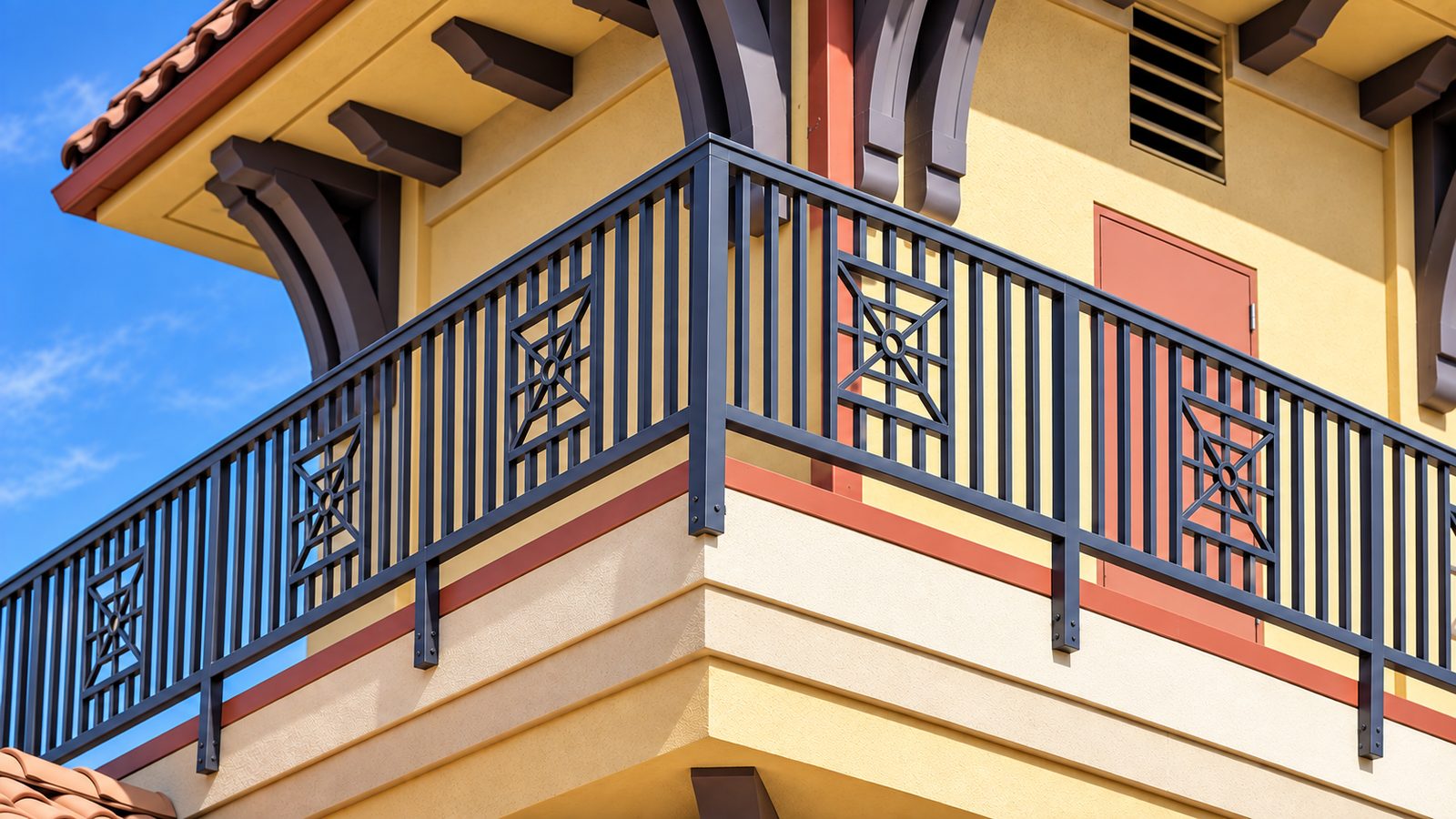 Close-up of a powder-coated guardrail corner showing custom panel inserts and bracket mounting against stucco