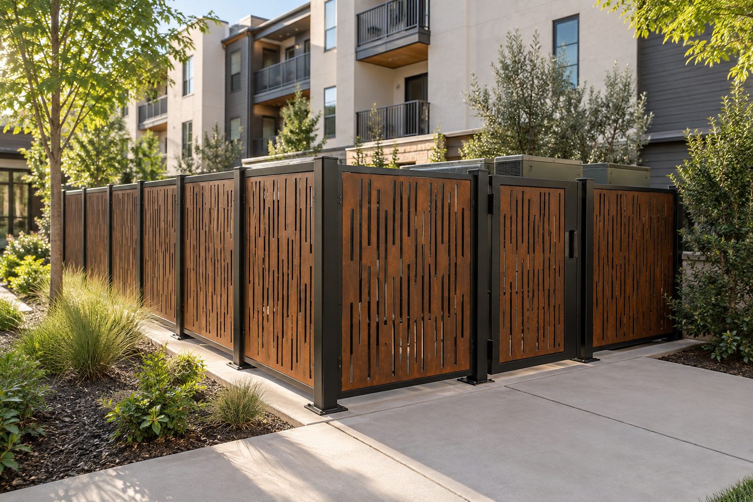 Corten steel privacy screening enclosure with a hinged access gate beside a landscaped apartment walkway